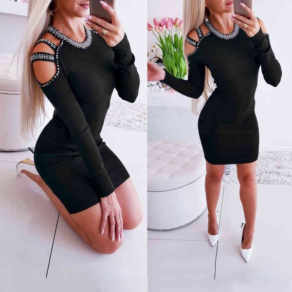 Vestidos de Inverno Sexy Nail Bead Oco Out Manga Longa Off Off Party Bodycon Mini Vestidos Mulheres Slim Vestidos Elegantes 210507