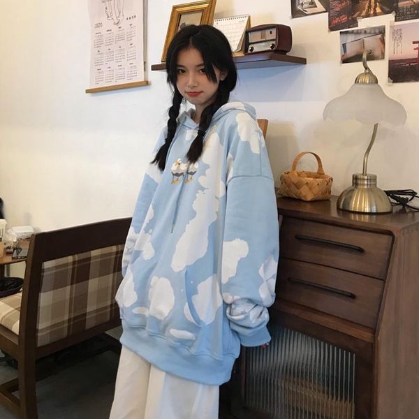 

women's hoodies & sweatshirts hooded sweatshirt korean bf style pullover blue sky clouds printed women autumn winter spring plus velet, Black