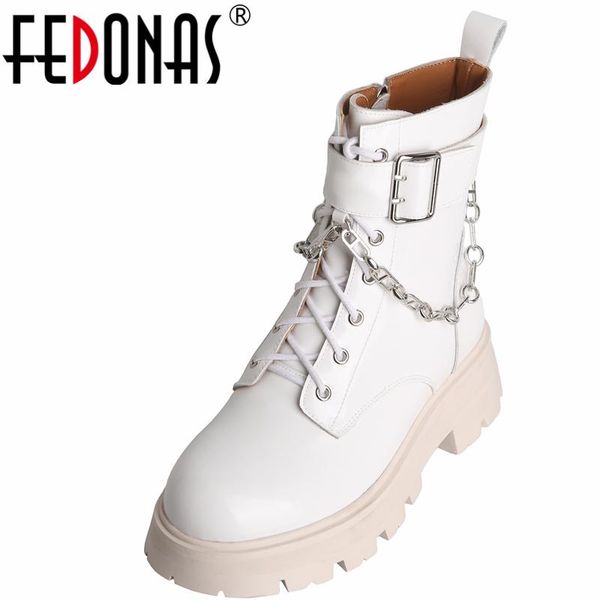 

boots fedonas punk motorcycle women ankle autumn winter genuine leather thick heels fashion buckle chain shoes woman, Black