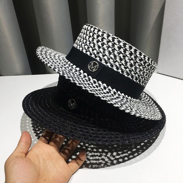 

flat woven straw hat with big brim for women in summer, Blue;gray