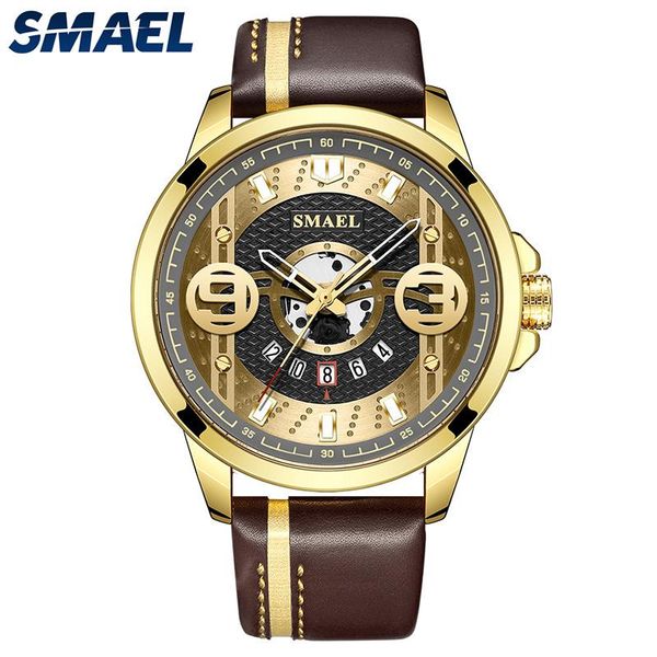 

wristwatches smael fashion casual leather bracelet watch auto date alloy case male clock sl-9167 cool men watches waterproof, Slivery;brown