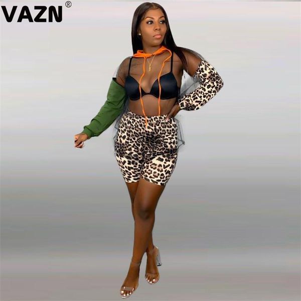 

two piece dress vazn product 2021 lady summer black 2-piece short set hooded pullover see-through fleece leopard shorts fashion, White