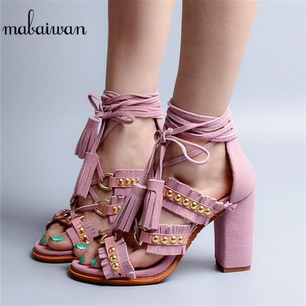 

mabaiwan design women summer sandals thick high heels ankle strap genuine leather fringe shoes rivet peep toe pumps, Black