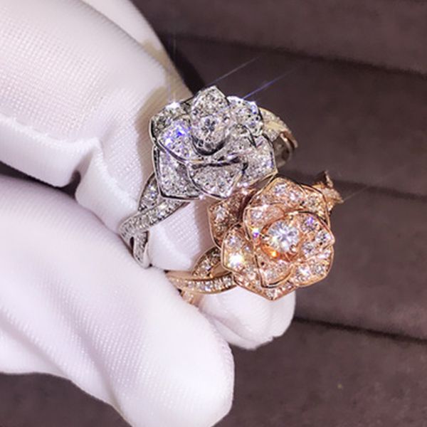 Anéis de banda de luxo de flor rosa de cristal para mulheres casamento acessórios de jóias nupciais