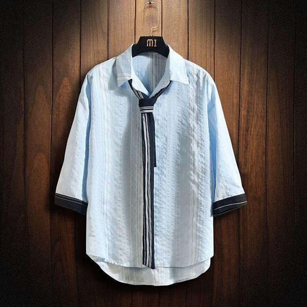 

men's casual shirts 2021 striped shirt summer short-sleeved youth three-quarter sleeve lapel urban clothing, White;black
