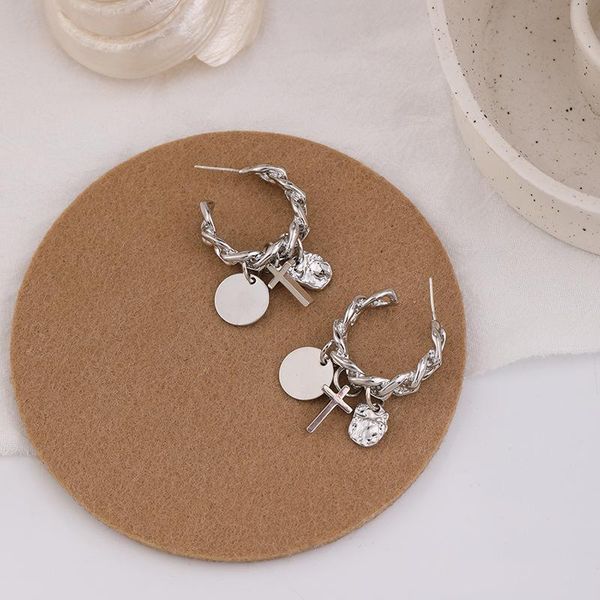 

hoop & huggie trendy hollow chain earrings silver color cross round pendant statement jewelry metal geometric fashion, Golden;silver