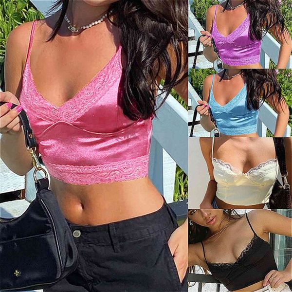 

spaghetti strap lace womens tank v neck slim fit crop summer club casual basic female, White