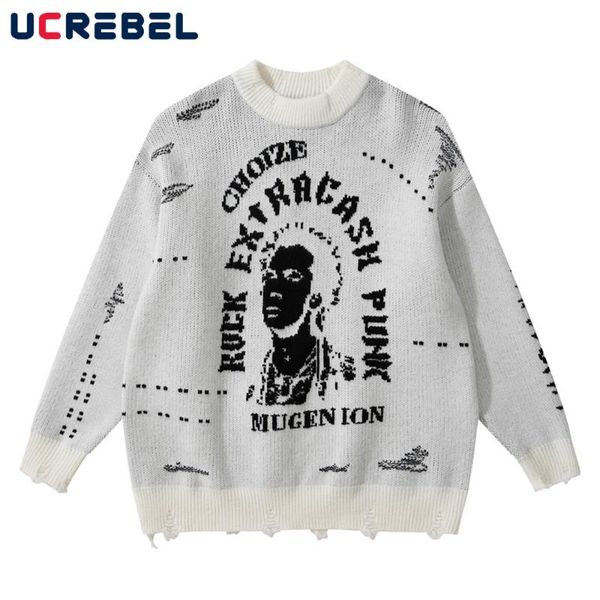 

men's sweaters portrait jacquard sweater mens streetwear casual ripped knitted autumn loose long sleeve crew neck pullover men, White;black