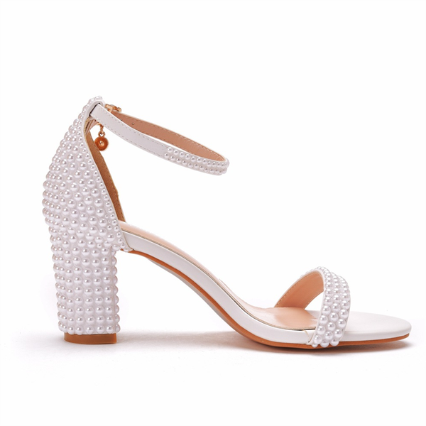 

sandals 2021 ankle strap women high heels pumps pointed toe ladies pump elegant pearl party wedding shoes, Black