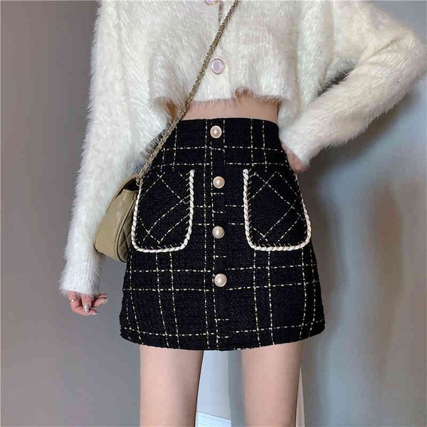 

skirts korean pockets office lady mini high waist autumn tweed skirt women pearls plaid wool pencil vintage x512 nc9q, Black