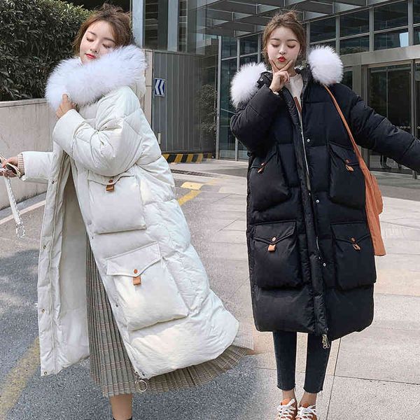 

winter korean women's mid-length big fur collar over-the-knee bread coat loose thick warm cotton 2021 jacket, Black;red