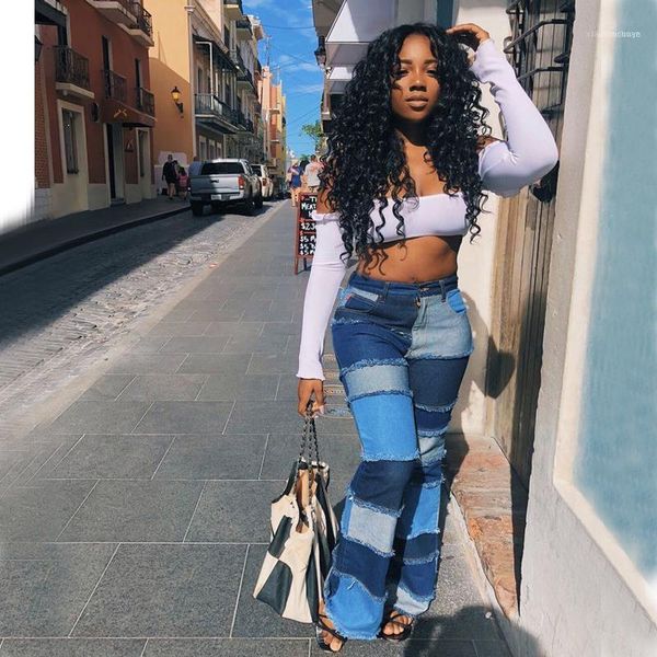 

women's jeans color block high waist flare with pockets streetwear ladies trousers spliced bell bottoms skinny denim pants1, Blue