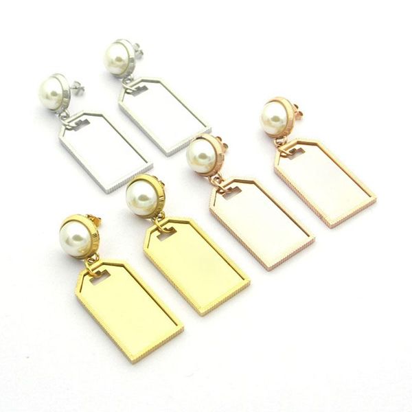 

hoop & huggie retro square earrings for women pearl letters with logo stainless steel luxury jewelry korean gifts wholesale temperament, Golden;silver