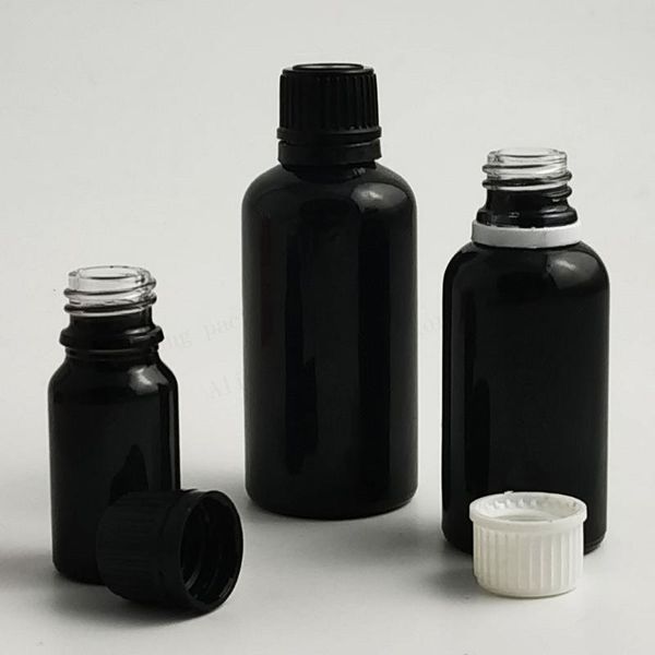 Vorratsflaschen, Gläser, 100 ml, 50 ml, 30 ml, 20 ml, 15 ml, 10 ml, 5 ml, Farbe, glänzende schwarze Flasche für ätherische Öle mit manipulationssicherer Kappe, 12 Stück