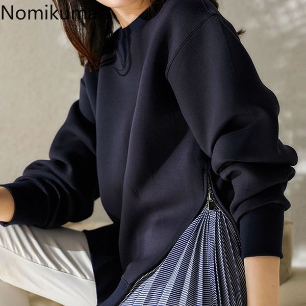 

nomikuma striped patchwork sweatshirt o neck long sleeve casual loose autumn hoodies women leisure daily ladies 3d500 210514, Black
