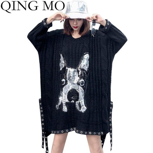 

women's sweaters qing mo black women loose sweater 2021 dog with sequin female tassel pullover plus size knitted zqy2509, White;black