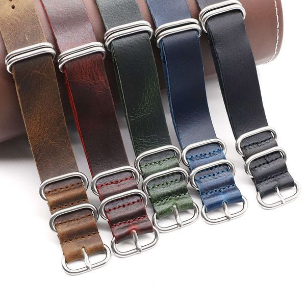 

zulu five ring leather watch strap 18 20 22 24mm crackle men's nato, Black;brown