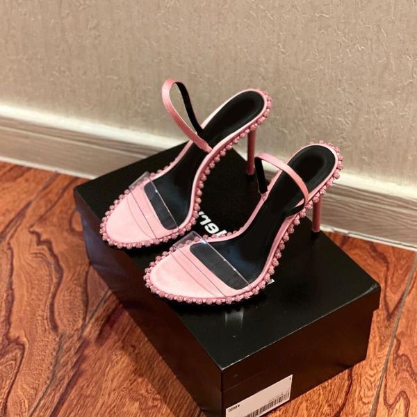 

dress shoes 2021 summer pink rhinestone sandals fairy wind toe transparent with high heels women fashion, Black