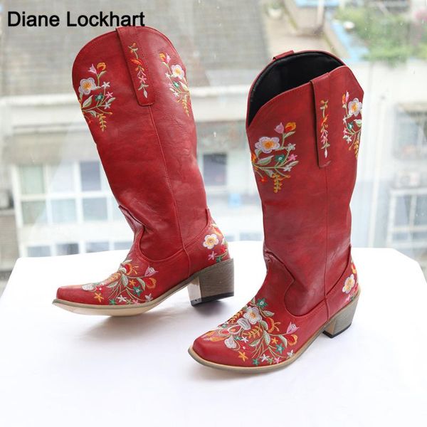 

boots 2021 classic embroidered western cowboy for women leather cowgirl low heels shoes knee high woman slip-on shoe, Black