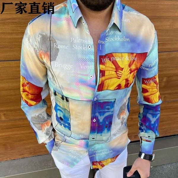 

men's casual shirts 2021 explosive lapel 3d printing slim long sleeve shirt multicolor, White;black
