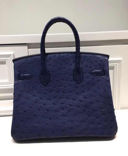 Designer -Bag -Marke Geldbörse 25 cm Zehen Echt Strauß Haut Handtasche Blau Farbe Voll handgefertigt Qualität Großhandelspreis Schnelle Lieferung