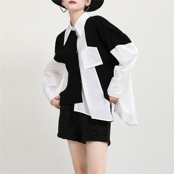 

yourseason patchwork ladies loose irregular and blouses 2021 autumn spring women fashion striped shirts women's, White