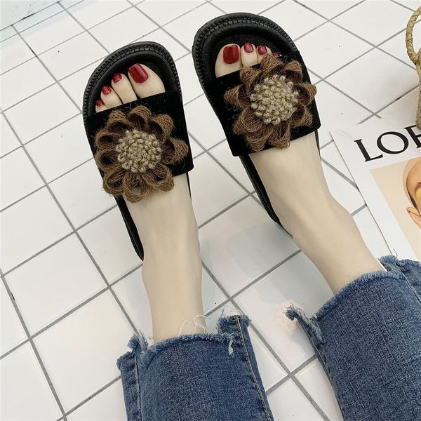 

sandals 2021 fashion woman slippers summer 3.5cm heel shoes flat for women flower decoration flats basic size 35-40 43xz, Black