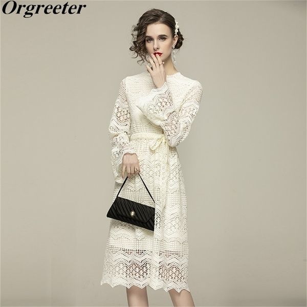 

water-soluble lace trumpet sleeves dress spring elegant office lady o-neck hollow out knee-length 210602, Black;gray