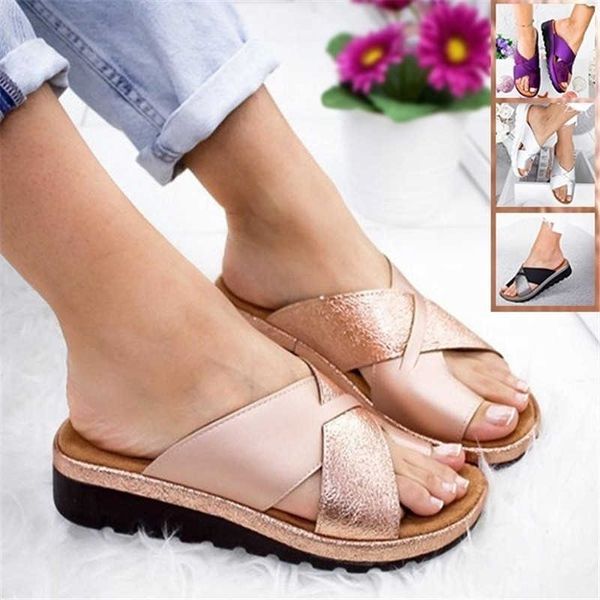 2021 Donne Artificiale PU Scarpe Pantofole Ortopedico Borsite Correttore Comoda Piattaforma Con Zeppa Signore Casual Alluce Correzione Sandalo Y0721