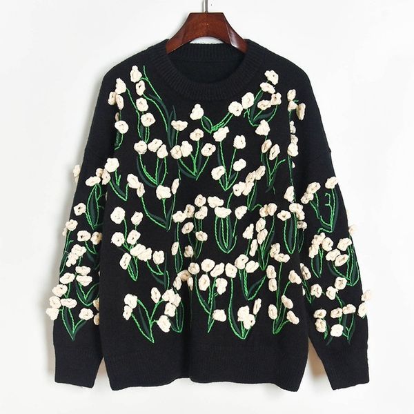 

knits oversized thick winter hand crochet 3d floral sweaters women pullovers jumpers black sweater, White