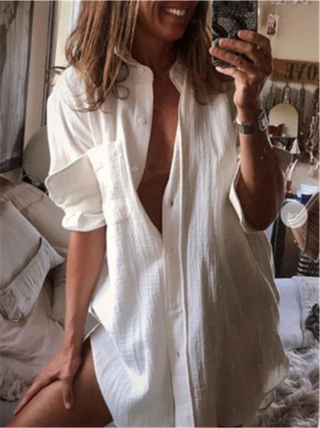 

womens casual long sleeve blouses fashion trend solid colors lapel neck shirt designer female loose single-breasted tees, White