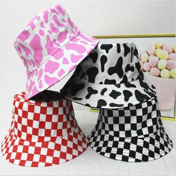 

wide brim hats double-sided bucket hat black white cow pattern summer outdoor panama fashion activities reversible fisherman caps, Blue;gray