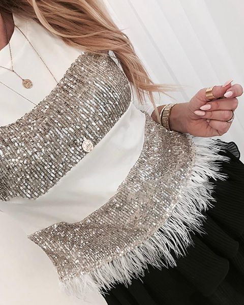 

women's sweaters sequin feather long sleeve blouse, White;black