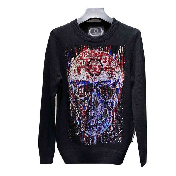 

men's sweaters star pp bags colour diamond big german skull original male punk sweater street around the neck pure wool, White;black