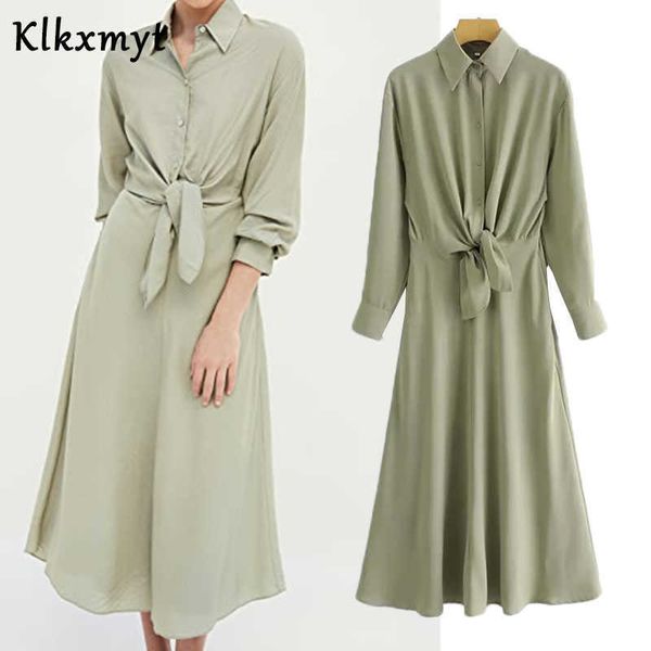 

klkxmyt za dress women fashion lace-up midi shirt vintage long sleeve button-up female es vestidos mujer 210527, Black;gray