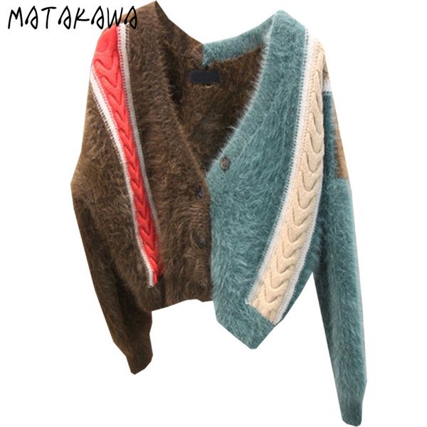 MATAKAWA Winter V-ausschnitt Nerz Fleece Frauen Pullover Mantel Kontrast Farbe Gestrickte Strickjacke Kurze Koreanische Tops Wolle Pullover 210513