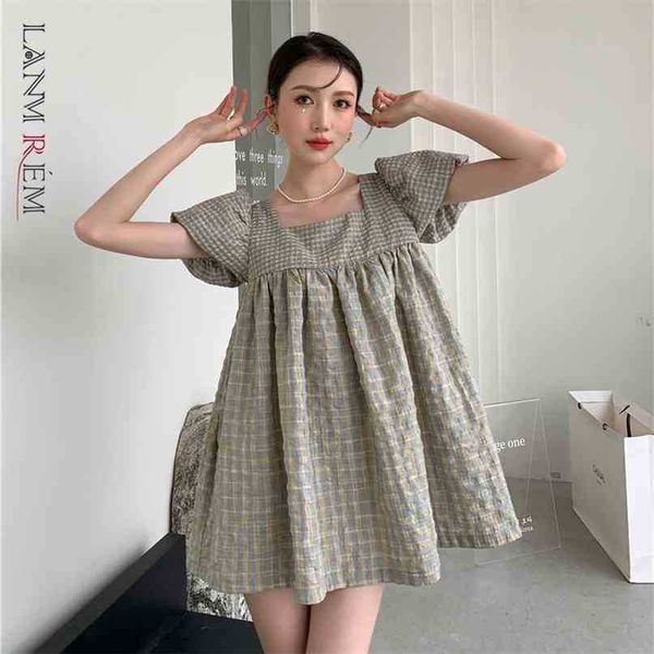

square collar plaid dress for women summer short bubble sleeves high waist mini dresses arrivals female 2d3800 210526, Black;gray