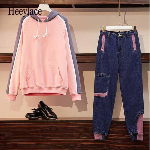 

two piece dress women's sports suit large plus size -4xl hooded sweater t tracksuit sweatshirt+jean set denim pant sportwear matching, White