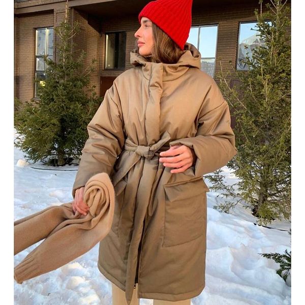 

fashion hooded spring parkas women elegant solid mid length coats warm tie belt cotton jackets ladies women's down &, Black