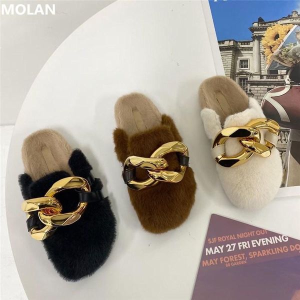 

brand designer fashion luxury golden chain real fur slipper flat velvet slides mules slip on loafers flip flops casual slippers, Black