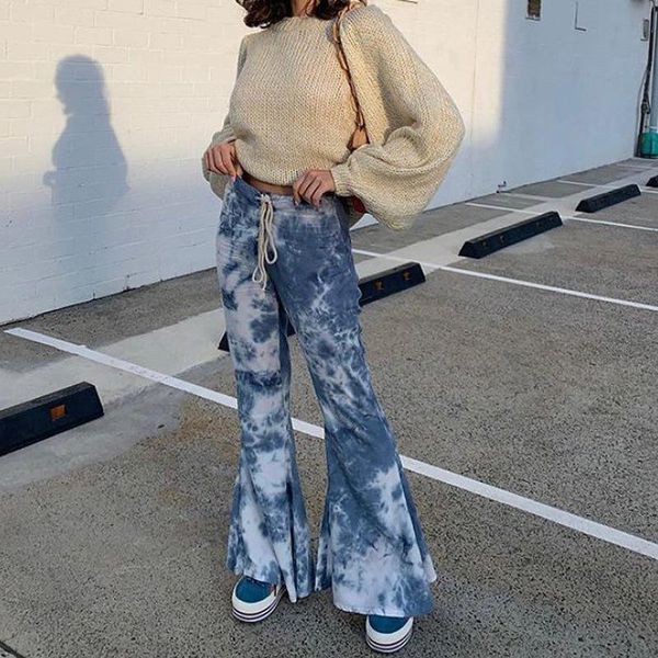 

women's pants & capris 2021 european and american autumn fashion trends tie-dye elastic casual high waist flared s  l, Black;white