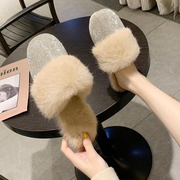 

slippers shoes woman 2021 cover toe flat loafers low winter footwear pantofle glitter slides fashion fur flip flops flock soft n, Black