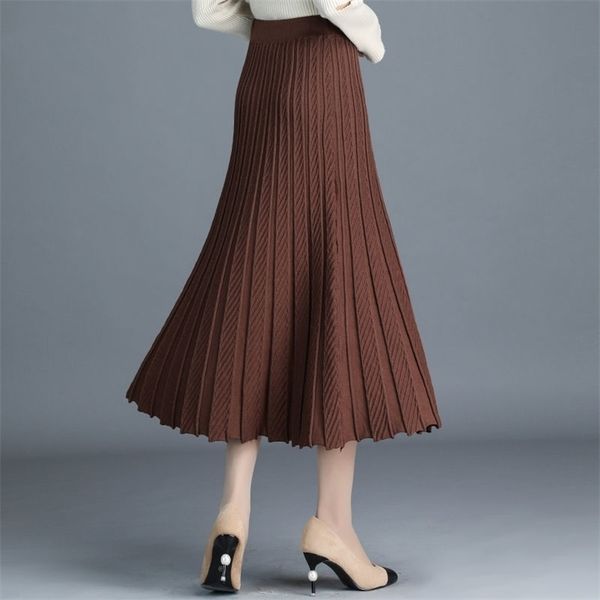 

tld quality products warm knitted straight skirt spring autumn pleated skirt high waist bodycon elegant long skirts for women 210325, Black