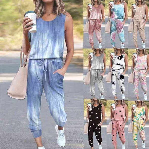 

spring summer women's loose tie dye printed sleeveless casual sets round neck pullover tshirts+trousers two piece set women 210517, White