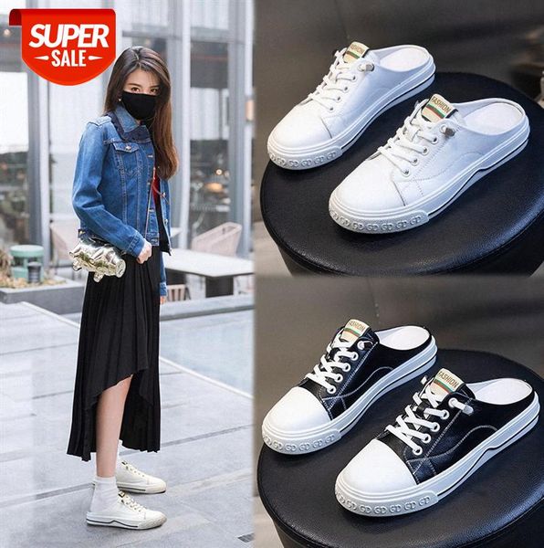 

genuine leather women's shoes, flat sole one-step single casual slippers, baotou half-support women #jo9e, Black
