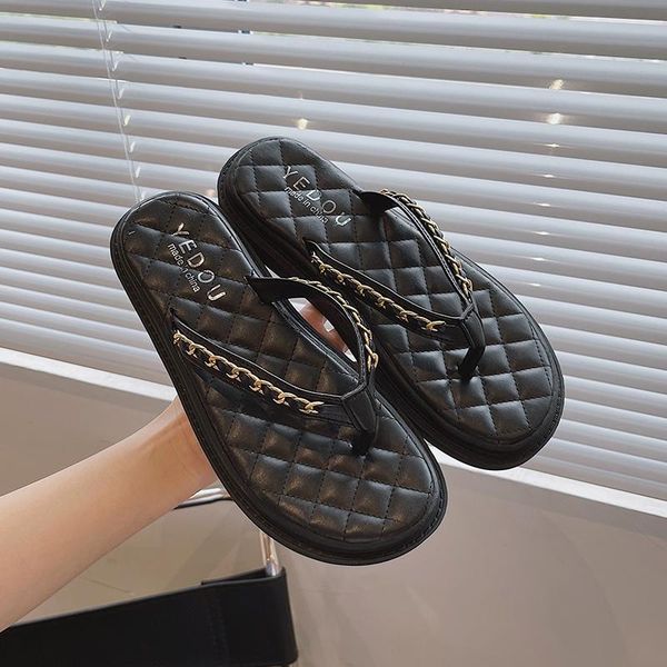 

slippers 2021 summer fashion simple pure color flip flops women chain flat comfortable casual beach shoes, Black