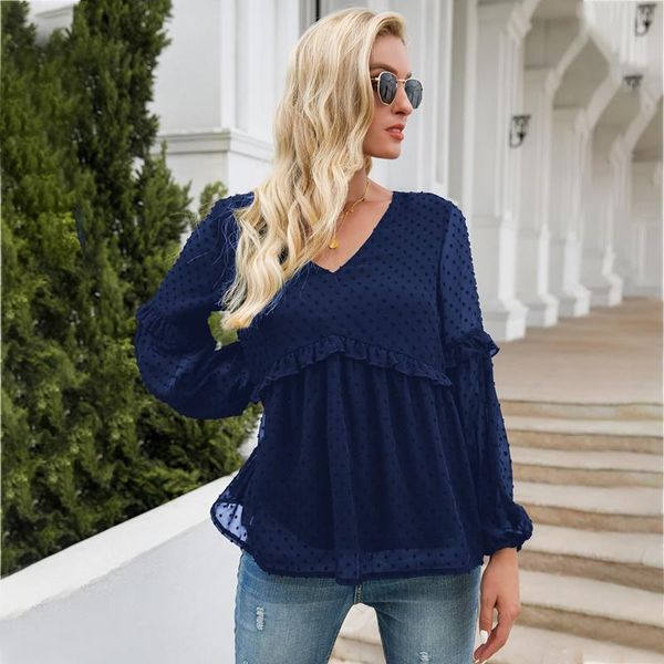 

women's blouses & shirts 2021 v neck oversizd polka dot trumpet sleeve for ladies summer solid color all match fashion chic, White