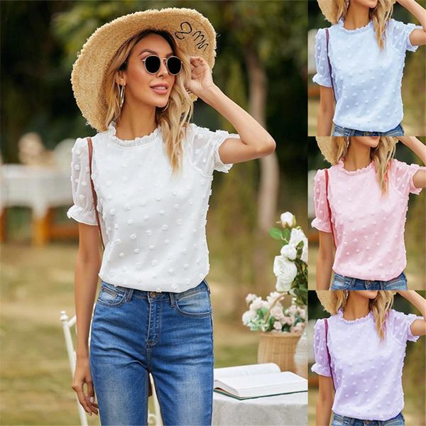 

women's t-shirt summer casual women t-shirts 2021 elegant o-neck ruffles patchwork chiffon, White