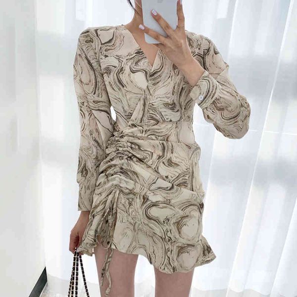 

chic korean full v neck cross ink printing drawstring folds irregular ruffle dress women mini vintage elegant vestido 210429, Black;gray