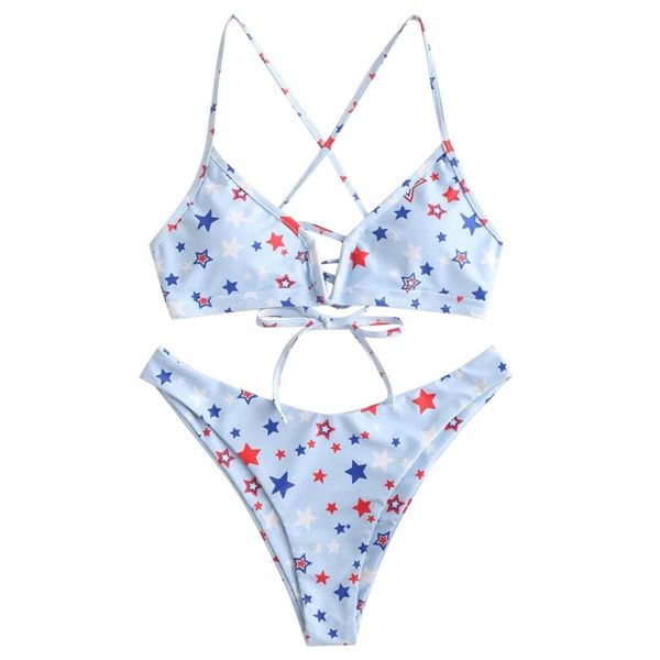 

ladys 2021 blue and nude stars printed cross ba padded brazilian bikini setby air
